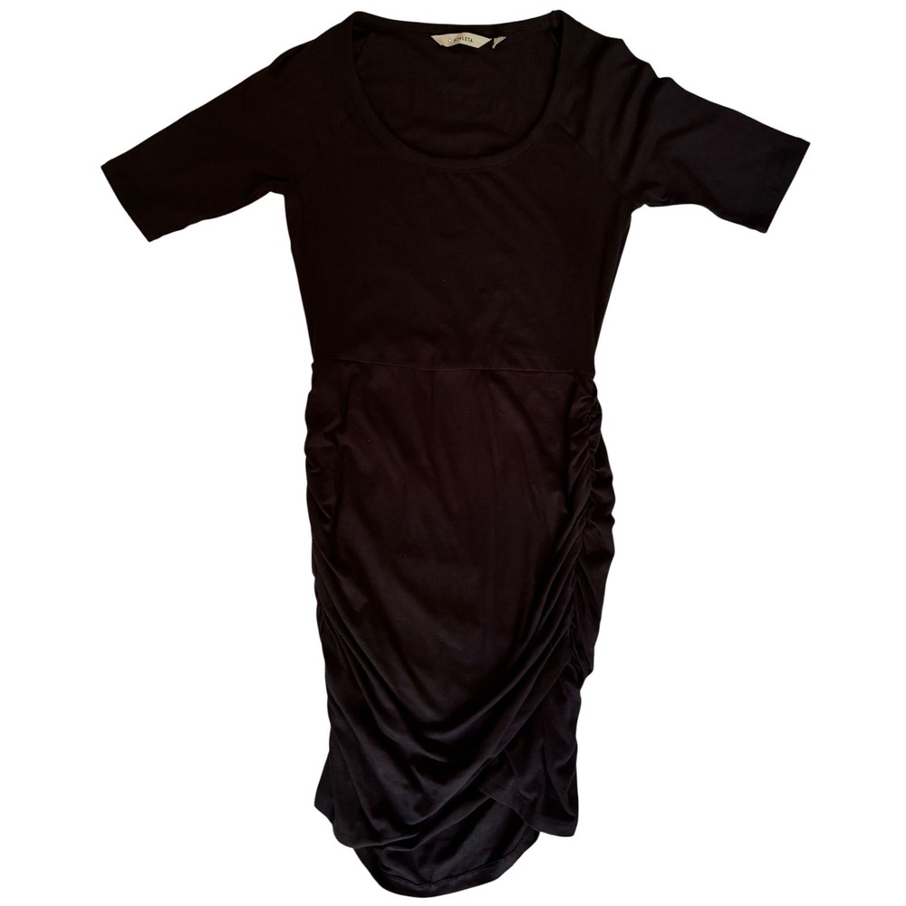Athleta Santorini Dress Black Short Sleeve Ruched Asymmetrical Tulip Hem‎ XXS
